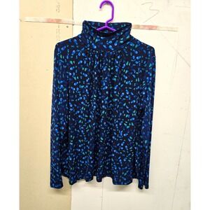 Susan Graver Womens L Navy Blue Green Abstract Knit Cowl Neck Long Sleeve Top